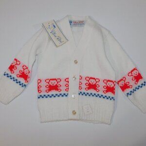 VTG Blue Bird Knitwear Baby 12M Cardigan Sweater White Red Bear Monkey with Tag